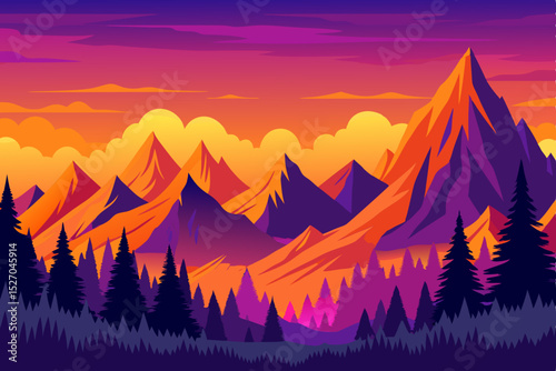 Majestic mountain landscapes at sunrise or sunset, featuring a serene sky, forest, and often snow or mist
