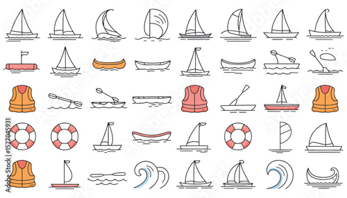 Set of vector travel icons featuring summer vacation, beach, and nautical symbols like boats, anchors, and palm trees for tourism design