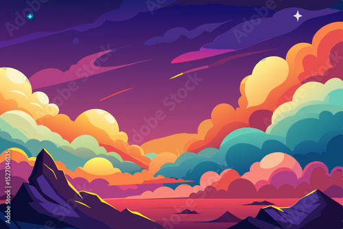 Sunset over mountains and clouds, a vibrant orange and blue sky illuminating the serene natural landscape