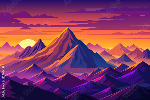 Camping tent in mountain landscape at sunset vector illustration