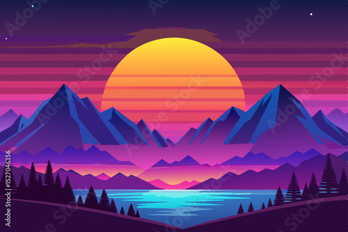 Sunset and sunrise over desert mountains: a majestic landscape illustration of Egyptian pyramids, sand, and sky