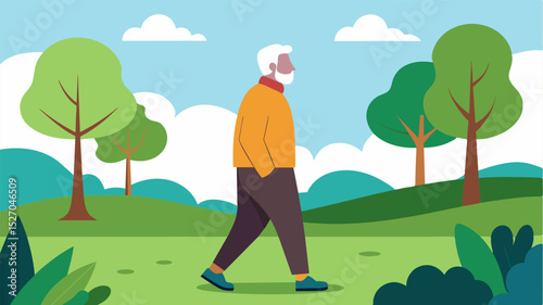 An older man takes a moment to pause and reflect while on a walk in the park. With each step he is mindful of his surroundings and finds peace and stillness in the beauty of. Vector illustration