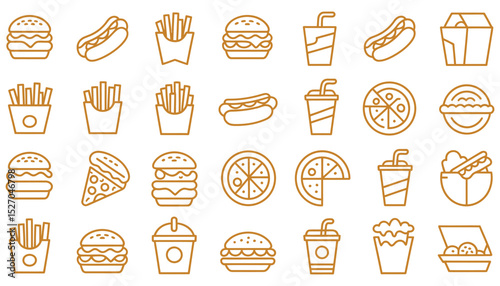 Food icons set: a seamless vector pattern of diverse breakfast items including bread, cake, coffee, and burgers, perfect for any food-related design