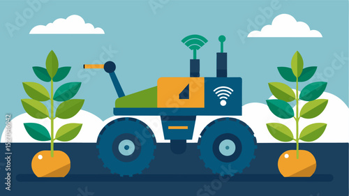 An image of a robotic device attached to a tractor using advanced technology to target and eliminate specific types of weeds. The device makes precise and accurate movements. Vector illustration