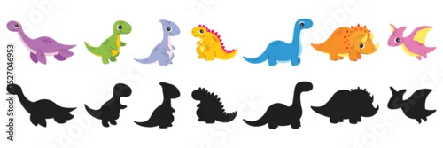 Fototapeta Different types of dinosaurs and their silhouettes. Vector cartoon illustration