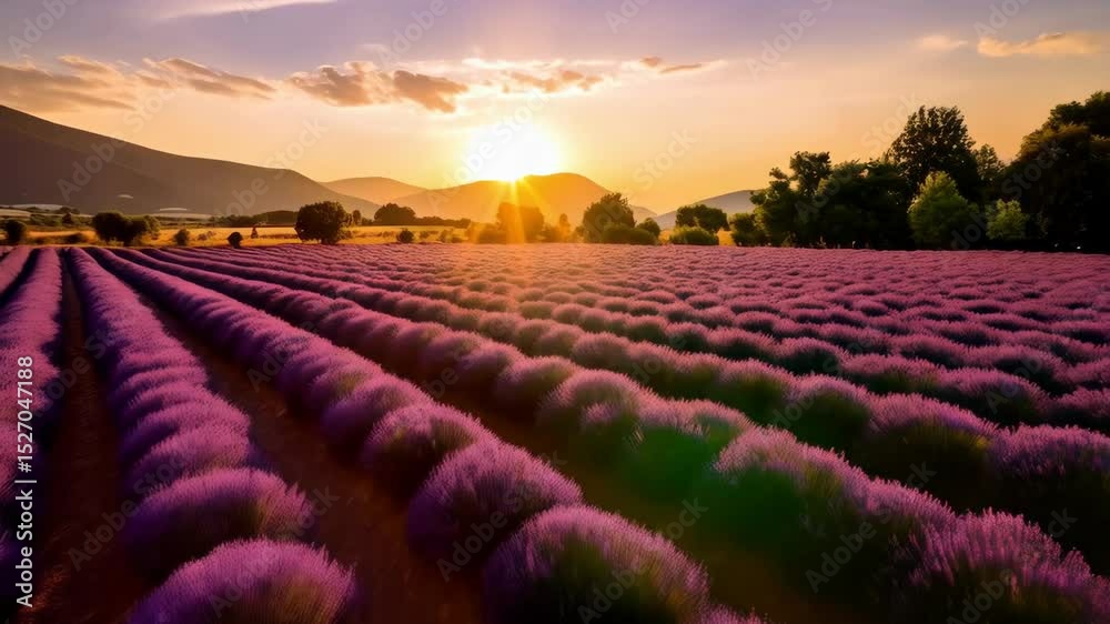 Picturesque lavender field in rural area bathed in warm sunlight, mountains and trees on the horizon, tranquility and natural beauty