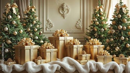 Elegant Christmas Decor Background With Golden Gifts And Trees	
