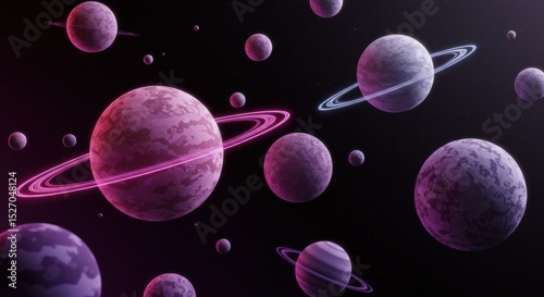 Stylized Gradient Mesh Planets and Moons Orbiting in Space with Glowing Rings and Soft Gradient Transitions