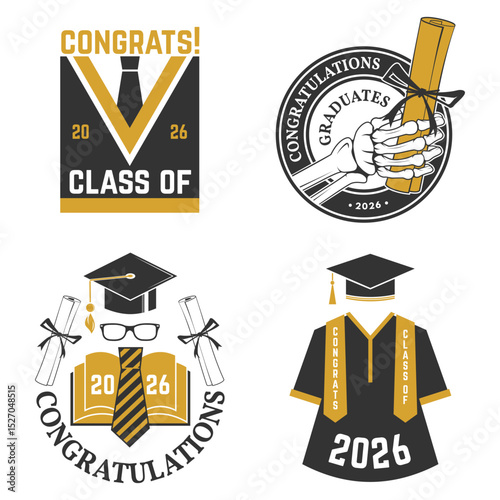 Set of Vector Class of 2026 badges. Vector illustration. Concept for shirt, print, seal, overlay or stamp, greeting, invitation card. Typography design. For class of 2026 graduation.