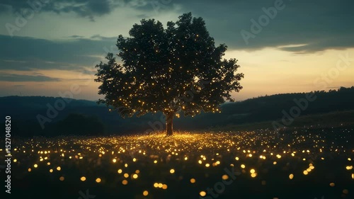 Majestic tree illuminated with lights in tranquil evening landscape  