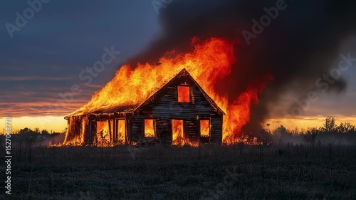 Abandoned house engulfed in flames during dramatic sunset  