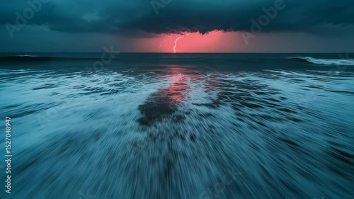 Stormy ocean with crashing waves and lightning in the sky  