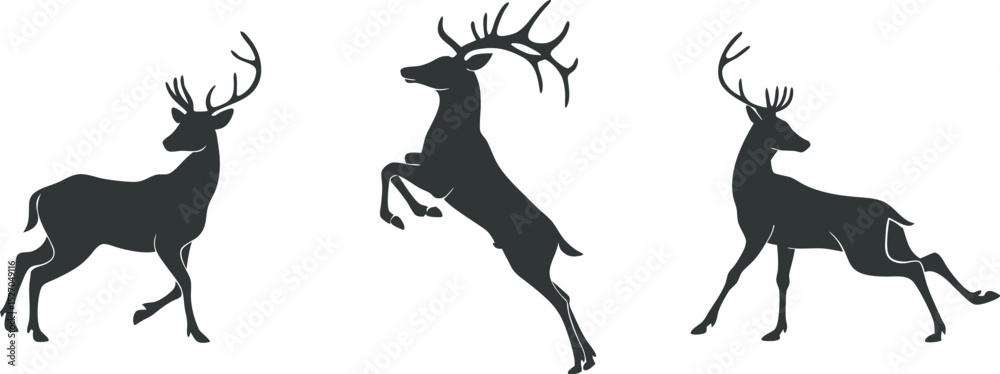 Obraz premium Three Stylized Deer Silhouette Illustration with Prominent Antlers on Light Background – Standing and Leaping Poses for Wildlife and Nature Design, set of deer silhouettes