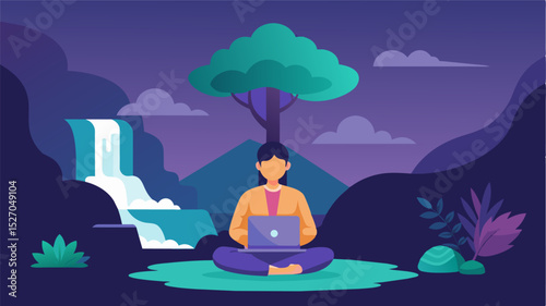 The sound of a calming waterfall echoes through the peaceful Zen Garden as a freelancer meditates under a shady tree temporarily disconnecting from the virtual world.. Vector illustration