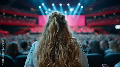 Young woman enjoying a concert while seated in a crowded auditorium  