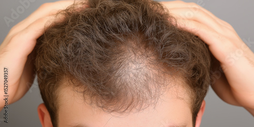 Man experiencing hair loss examines his thinning hairline in indoor setting
