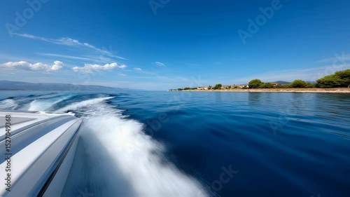 Fast boat racing over clear blue water with a coastline backdrop  