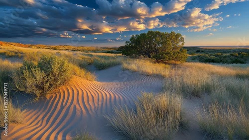 Desert landscape with dunes and vegetation under a cloudy sky  