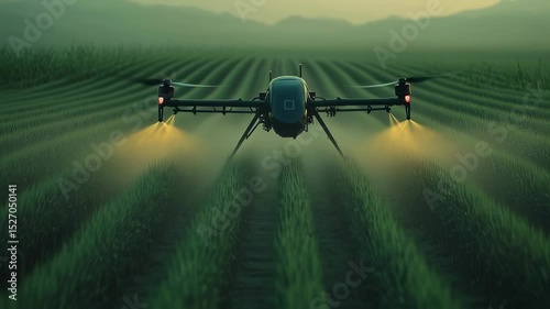 Agricultural drone spraying crops over lush green fields at dusk  