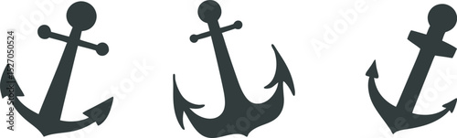 Horizontal Row of Three Traditional Anchor Silhouettes with Crossbars and Flukes in Varying Sizes on Light Background