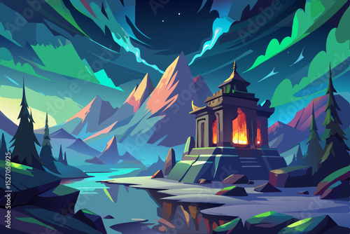 Winter night illustration of a fairy tale castle and house in a forest with a spooky Halloween silhouette and starry sky