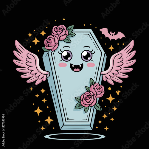 A cheerful coffin with pink wings and a smiling face is adorned with pink roses, surrounded by sparkling stars and a small bat