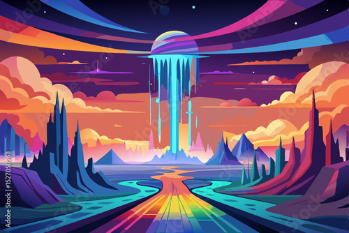 Abstract fantasy landscape illustration of a dark night sky with a city, mountains, and stars