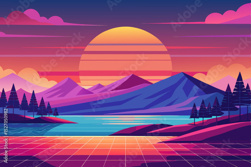 Vibrant orange hues paint the sky as the sun rises or sets over a serene mountain landscape or a tranquil river, casting silhouettes of trees and hills
