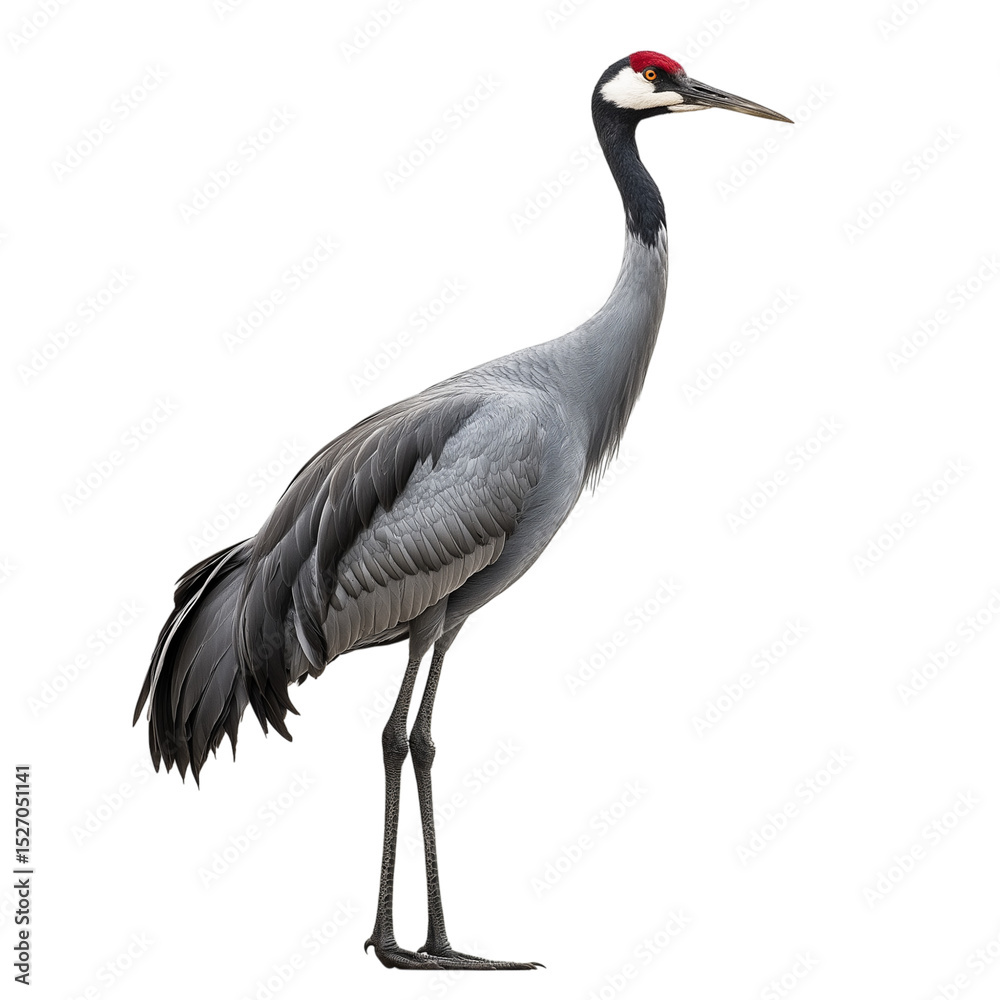 Obraz premium Side view of a crane bird standing in a wetland, isolated on a white background, realistic stock photograph showing long legs, slender neck, and elegant posture, ideal for nature, bird