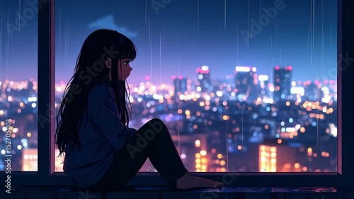 Girl sitting by window watches a rainy cityscape at night with blurred city lights and dark hair in an anime style.