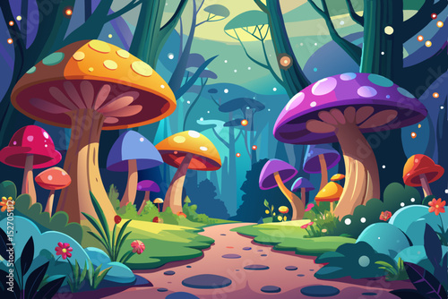 Red amanita mushroom in the green forest with autumn leaves