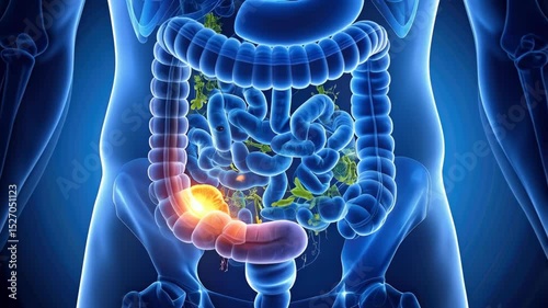 Anatomical illustration showing digestive system with lower abdominal pain in blue toned translucent human body