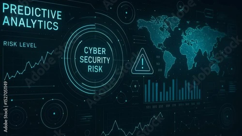 A sleek, modern display of predictive analytics showcasing cyber security risks. It features graphs, global maps, and warning icons emphasizing the importance of data security.