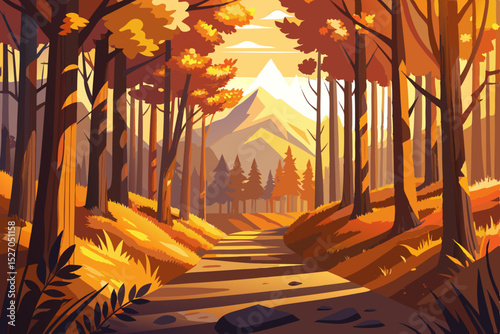 Golden autumn sunset bathes the park's trees and forest in a warm glow, highlighting nature's vibrant fall leaves