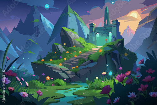 Fantasy landscape illustration of a fairy tale castle in a dark forest with a blue night sky and moon