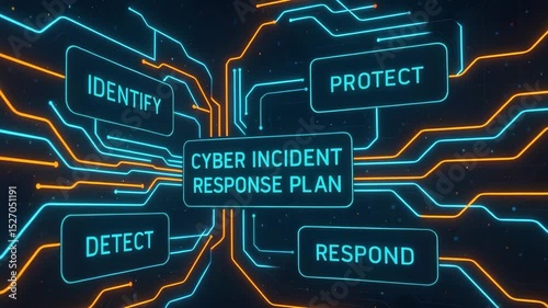 Illustration of a cyber incident response plan with interconnected processes such as identify, protect, detect, and respond, depicted in vibrant neon colors against a dark backgrou