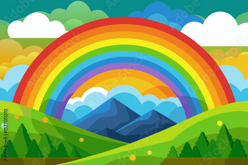 Rainbow landscape in mountains with green meadows and summer sky