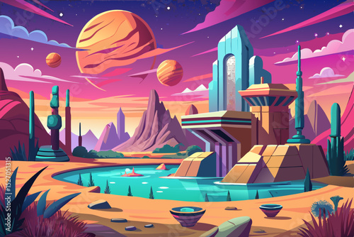 Fantasy castle landscape with moon and stars, a magical night illustration of a serene town with silhouetted trees and buildings
