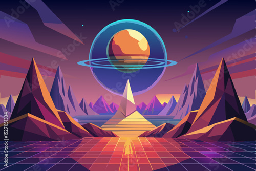 Abstract vector illustration of a fantasy night landscape with a tent by the sea under a star-filled sky