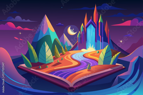 A fairy tale princess dreams of a summer voyage to a castle in the forest, her sailboat gliding over the moonlit waves