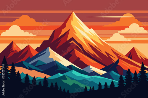 Vector landscape illustration of mountains at sunset with Egyptian pyramids