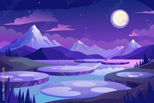 Moonlit winter mountain landscape at night with snowy peaks and stars