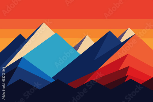 Abstract geometric vector illustration of a mountain landscape with sun, nature, sky, and water in an origami paper design