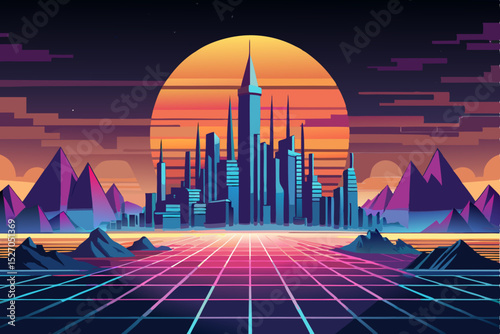 Abstract cityscape vector illustration with a modern skyline and urban buildings at night