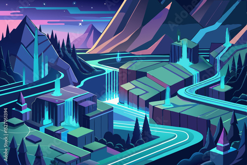 Abstract 3D vector illustration of a colorful city skyline at night with urban architectural patterns and glowing technology arrows pointing along a street
