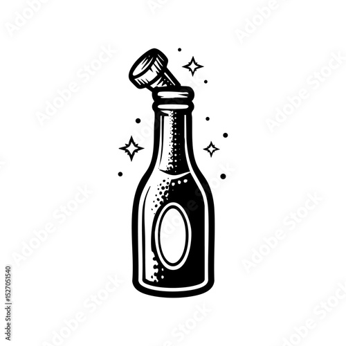 Vector logo of a champagne bottle with a cork popping and sparkles around it.

