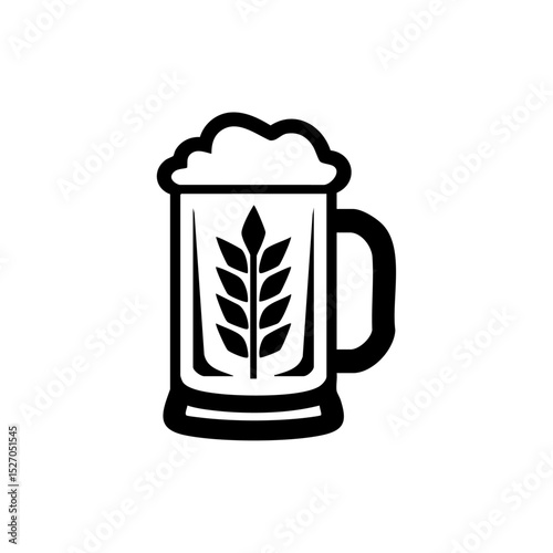 Vector icon of a frothy beer mug with barley symbol on the glass.

