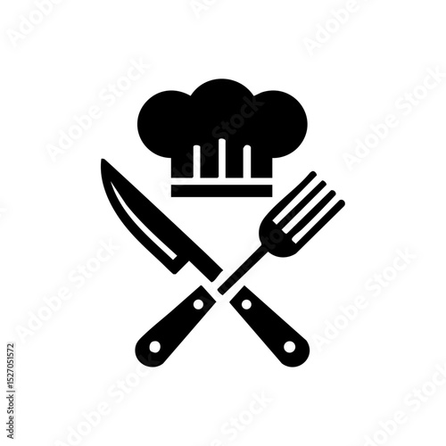 Vector icon of a chef hat above crossed fork and knife representing culinary expertise.


