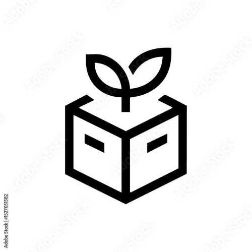 Minimalist vector logo of an eco friendly cardboard box with sprouting leaves.

