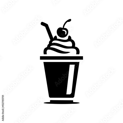 Vector logo of a milkshake in a cup with whipped cream, cherry, and straw.


